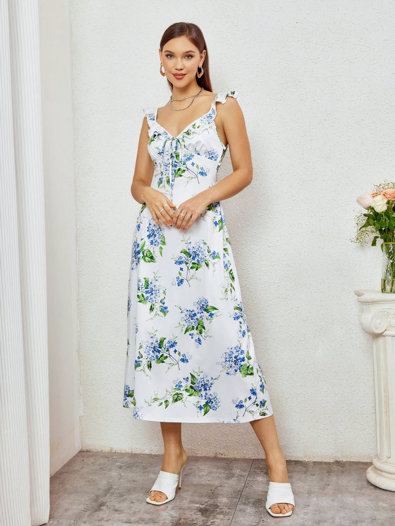 Fly Sleeve V-Neck Crisscross Tie Back Floral Print Dress | Wedding Guest Dress, Vacation Dress