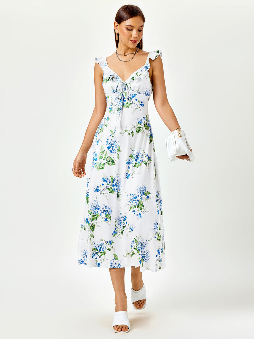 Fly Sleeve V-Neck Crisscross Tie Back Floral Print Dress | Wedding Guest Dress, Vacation Dress