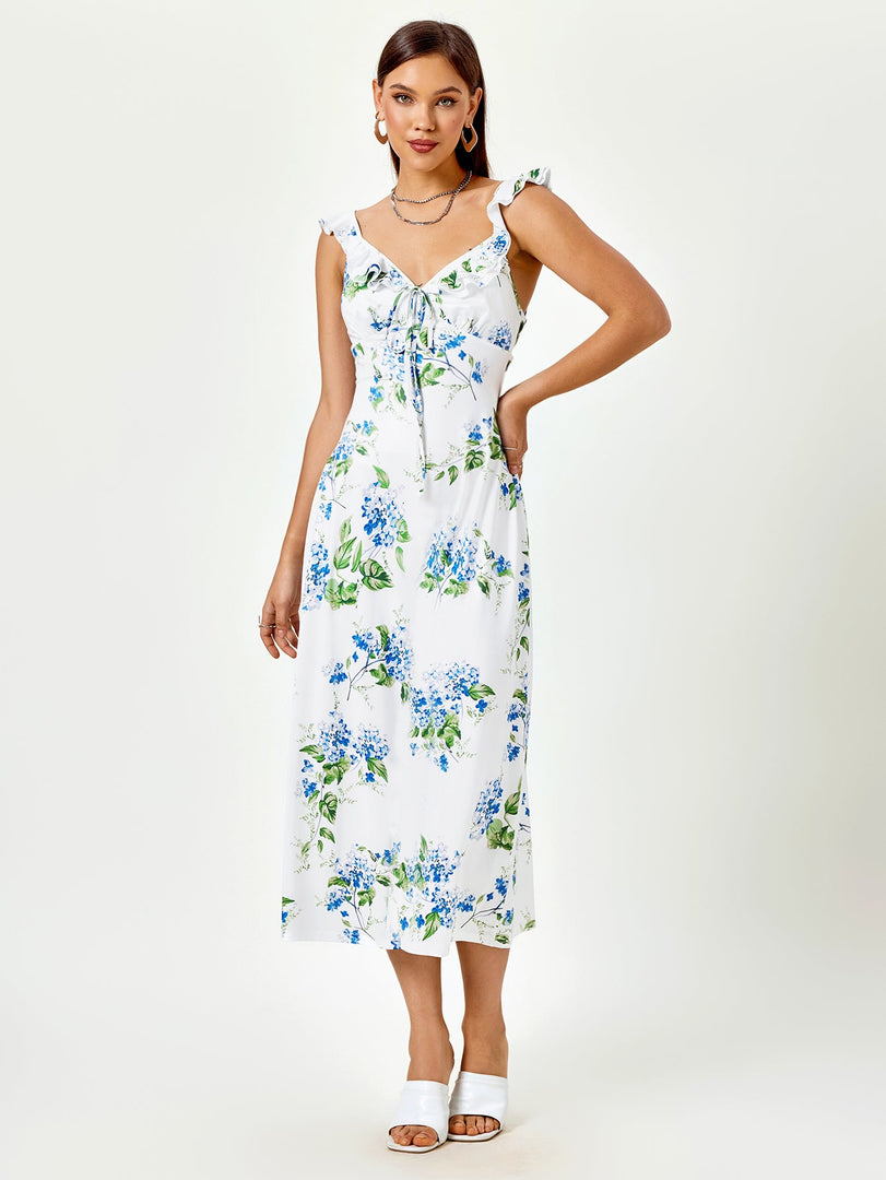 Fly Sleeve V-Neck Crisscross Tie Back Floral Print Dress | Wedding Guest Dress, Vacation Dress
