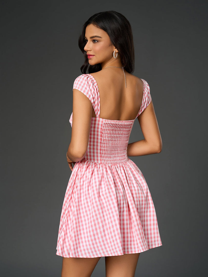 Fly Sleeve V-Neck Plaid Print Mini Dress | Wedding Guest Dress, Vacation Dress