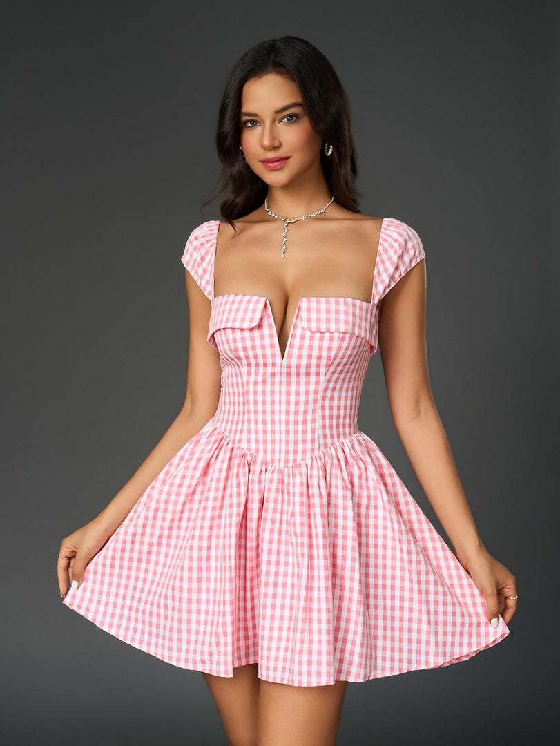 Fly Sleeve V-Neck Plaid Print Mini Dress | Wedding Guest Dress, Vacation Dress