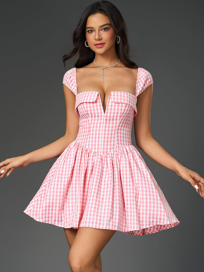 Fly Sleeve V-Neck Plaid Print Mini Dress | Wedding Guest Dress, Vacation Dress