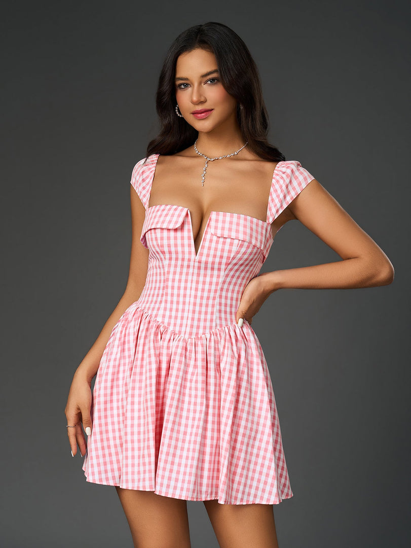 Fly Sleeve V-Neck Plaid Print Mini Dress | Wedding Guest Dress, Vacation Dress