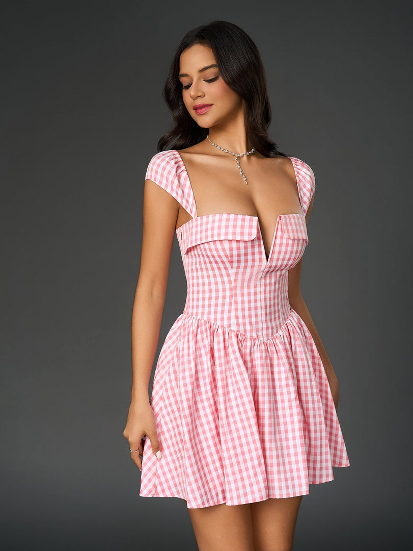 Fly Sleeve V-Neck Plaid Print Mini Dress | Wedding Guest Dress, Vacation Dress