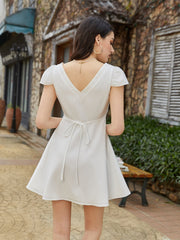 Fly Sleeve V-Neck Back Tie Solid Dress | Wedding Guest Dress