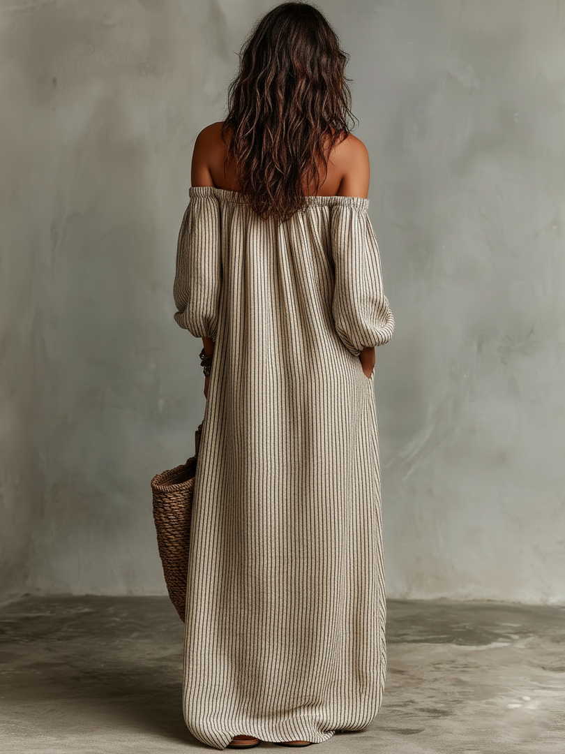 Women's Striped Linen Maxi Dress Off Shoulder Puff Sleeve Flowing Casual Summer Style