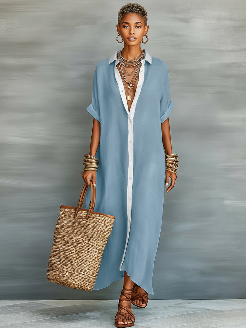 Women's Shirt Dress Collared Neck Button Front Elbow Sleeve Linen Oversized Casual Maxi Style