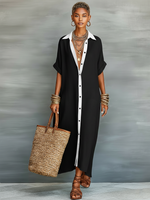 Load image into Gallery viewer, Women's Shirt Dress Collared Neck Button Front Elbow Sleeve Linen Oversized Casual Maxi Style

