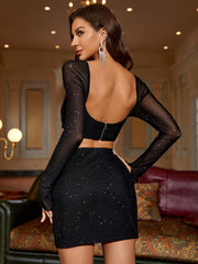 Glitter Long Sleeve Ruched Top&Bodycon Skirt | Formal Event Two-Piece Set