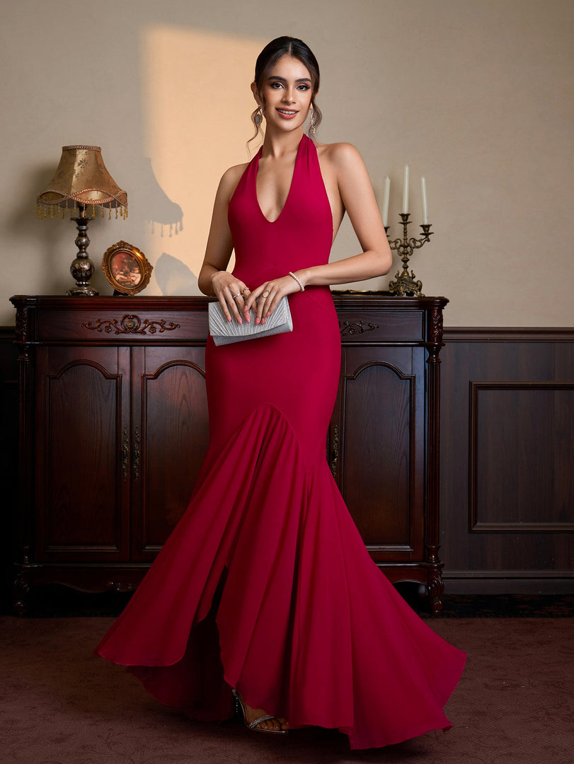 Halter Asymmetrical Hem Bodycon Solid Mesh Dress | Cocktail Dress, Homecoming Dress