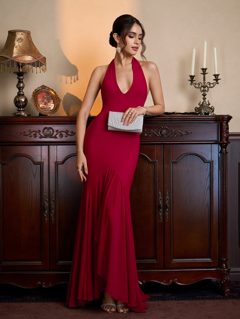 Halter Asymmetrical Hem Bodycon Solid Mesh Dress | Cocktail Dress, Homecoming Dress