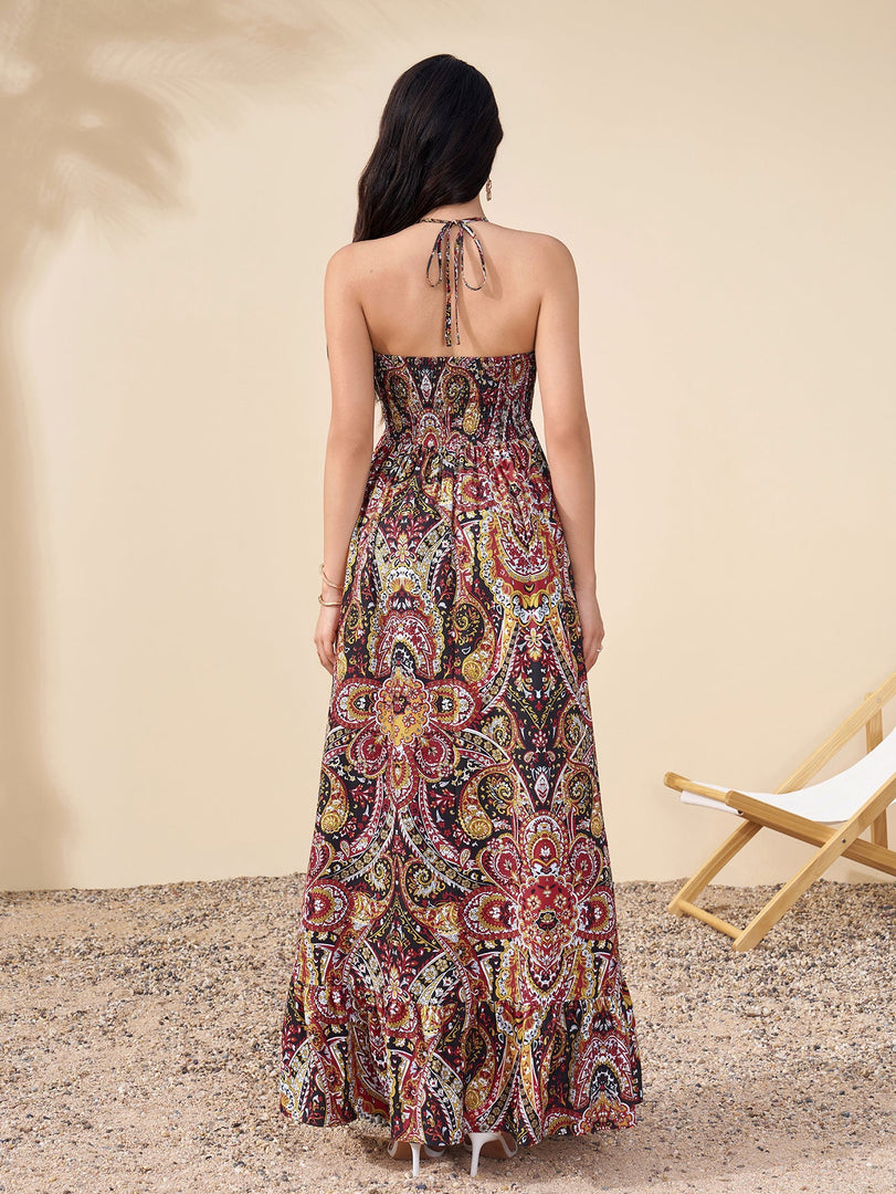 Halter Backless Cut Out Ruched Floral Print Dress | Wedding Guest Dress, Vacation Dress