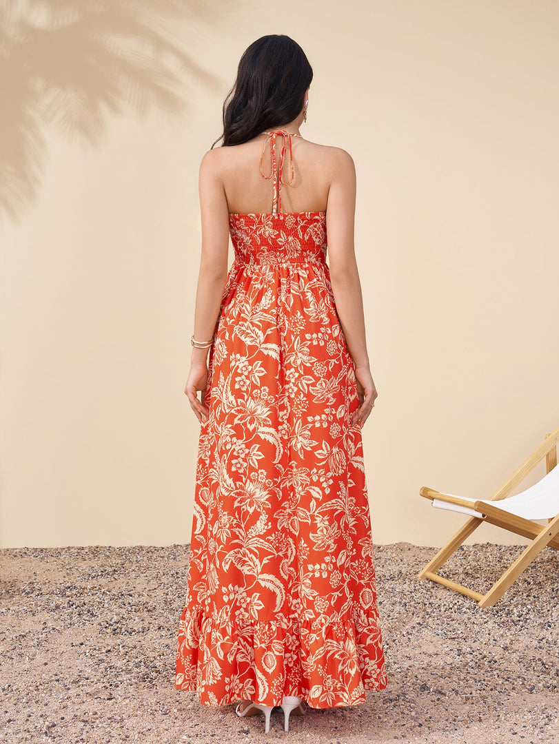Halter Backless Cut Out Ruched Floral Print Dress | Wedding Guest Dress, Vacation Dress