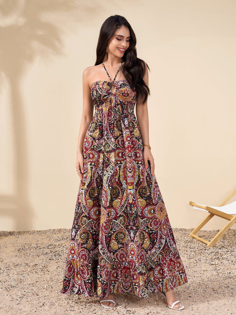 Halter Backless Cut Out Ruched Floral Print Dress | Wedding Guest Dress, Vacation Dress