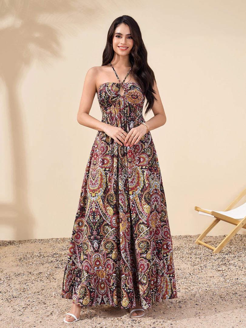 Halter Backless Cut Out Ruched Floral Print Dress | Wedding Guest Dress, Vacation Dress