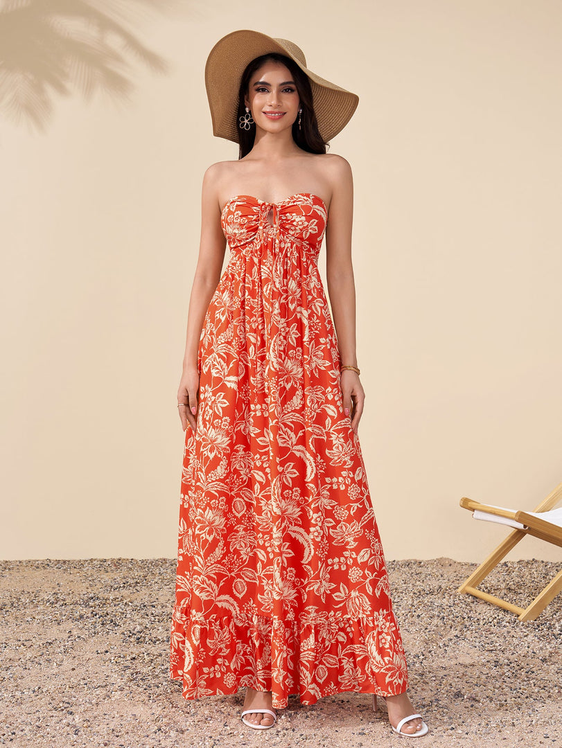 Halter Backless Cut Out Ruched Floral Print Dress | Wedding Guest Dress, Vacation Dress