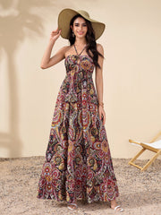 Halter Backless Cut Out Ruched Floral Print Dress | Wedding Guest Dress, Vacation Dress