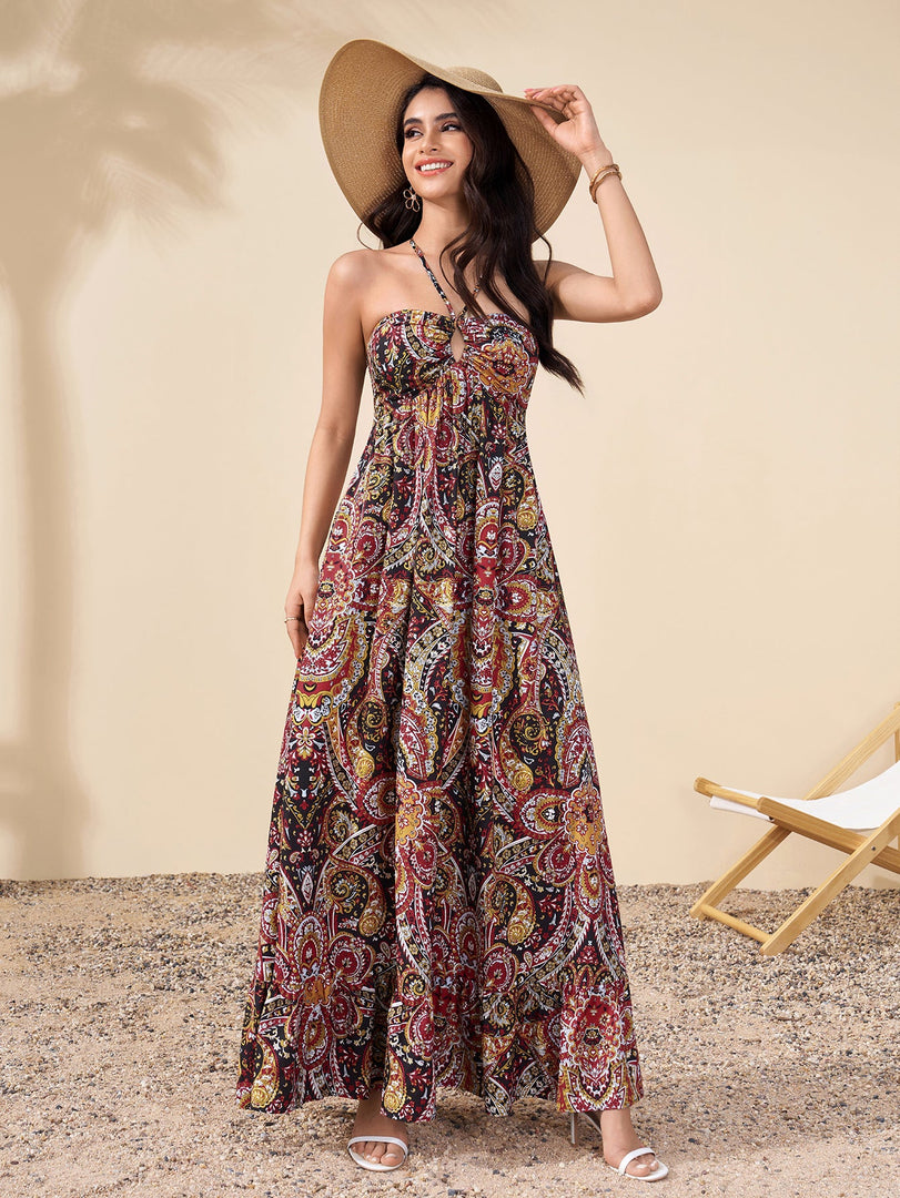 Halter Backless Cut Out Ruched Floral Print Dress | Wedding Guest Dress, Vacation Dress