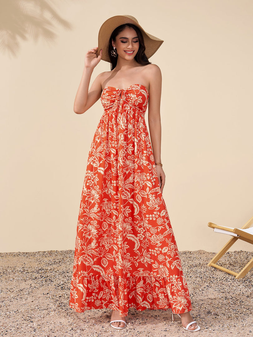 Halter Backless Cut Out Ruched Floral Print Dress | Wedding Guest Dress, Vacation Dress
