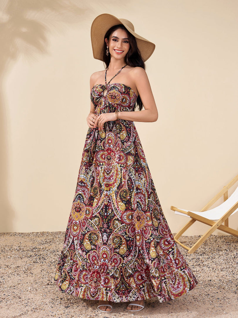 Halter Backless Cut Out Ruched Floral Print Dress | Wedding Guest Dress, Vacation Dress