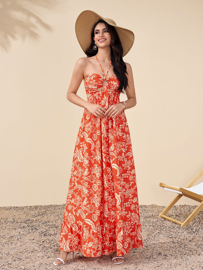 Halter Backless Cut Out Ruched Floral Print Dress | Wedding Guest Dress, Vacation Dress