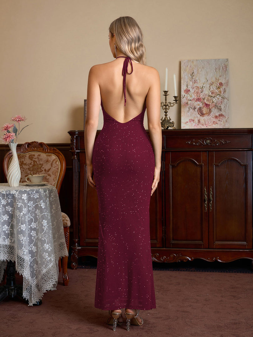 Halter Backless Mesh Sequin Bodycon Dress | Prom Dress