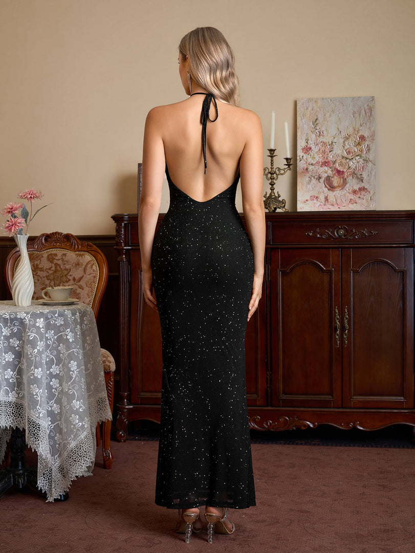 Halter Backless Mesh Sequin Bodycon Dress | Prom Dress