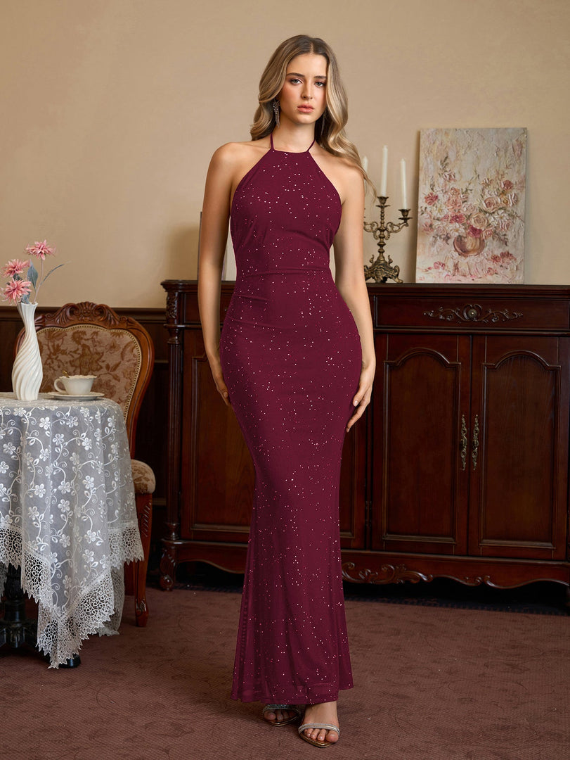 Halter Backless Mesh Sequin Bodycon Dress | Prom Dress
