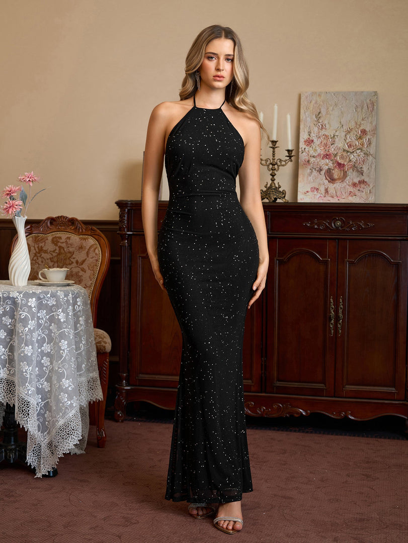 Halter Backless Mesh Sequin Bodycon Dress | Prom Dress