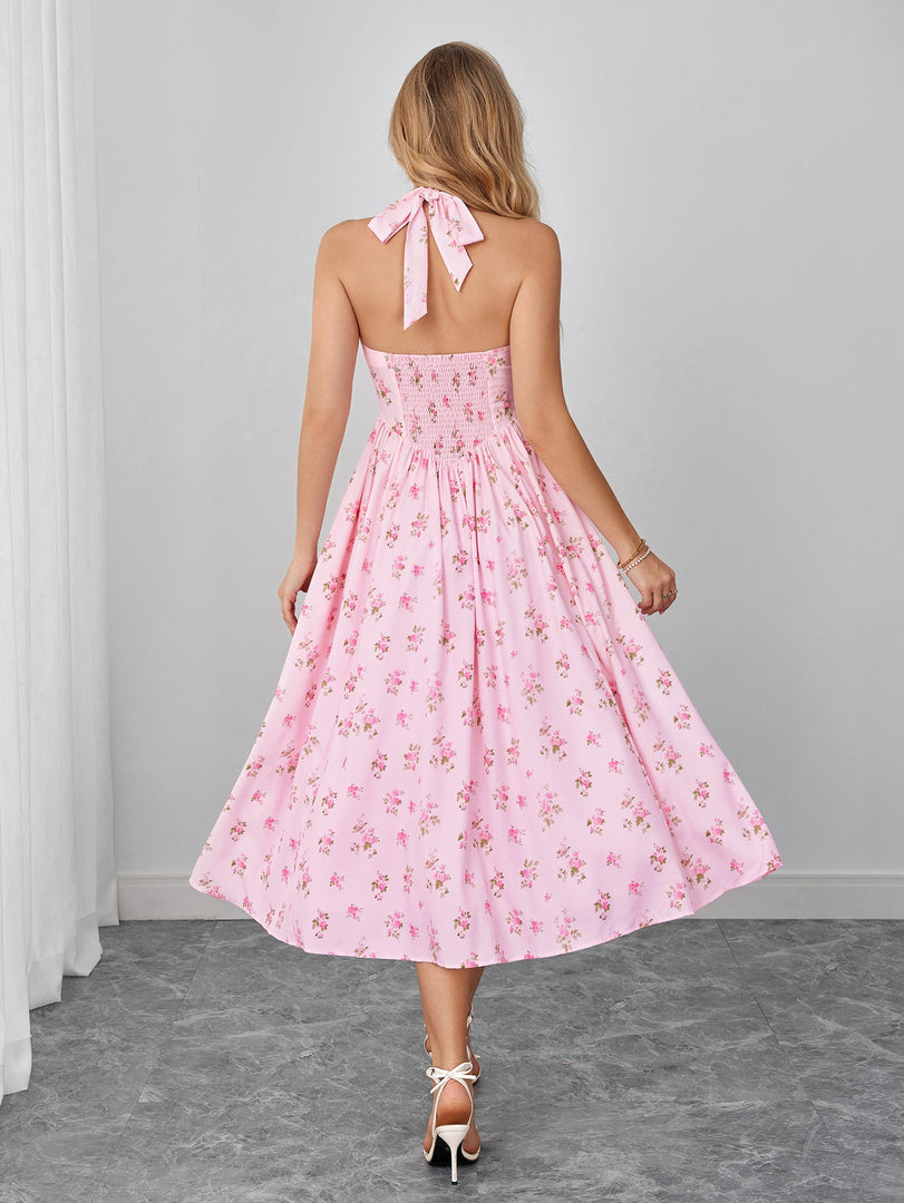 Halter Backless Pocket Floral Print Midi Dress | Wedding Guest Dress, Vacation Dress