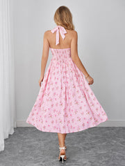 Halter Backless Pocket Floral Print Midi Dress | Wedding Guest Dress, Vacation Dress