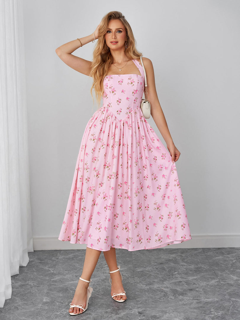 Halter Backless Pocket Floral Print Midi Dress | Wedding Guest Dress, Vacation Dress