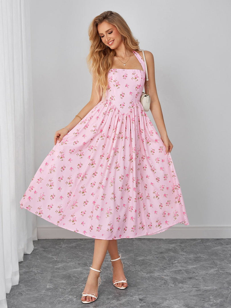 Halter Backless Pocket Floral Print Midi Dress | Wedding Guest Dress, Vacation Dress