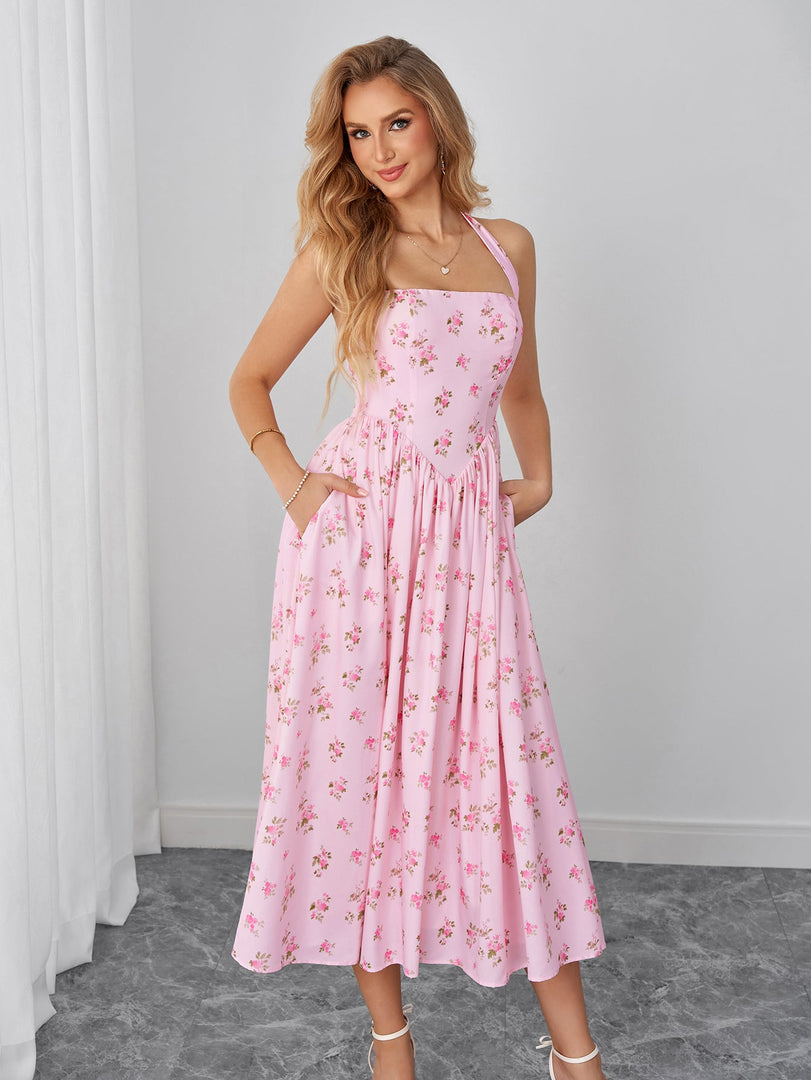 Halter Backless Pocket Floral Print Midi Dress | Wedding Guest Dress, Vacation Dress