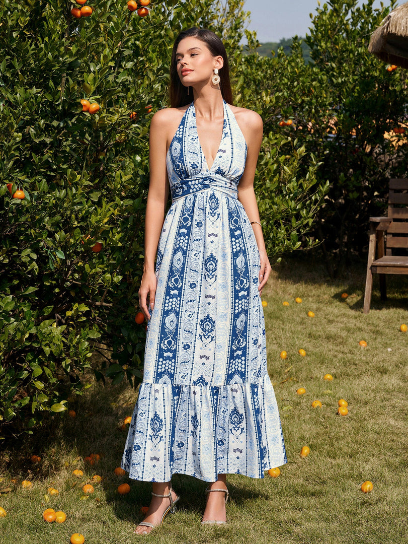 Halter Backless Ruched Ruffle Hem Maxi Dress | Prom Dress