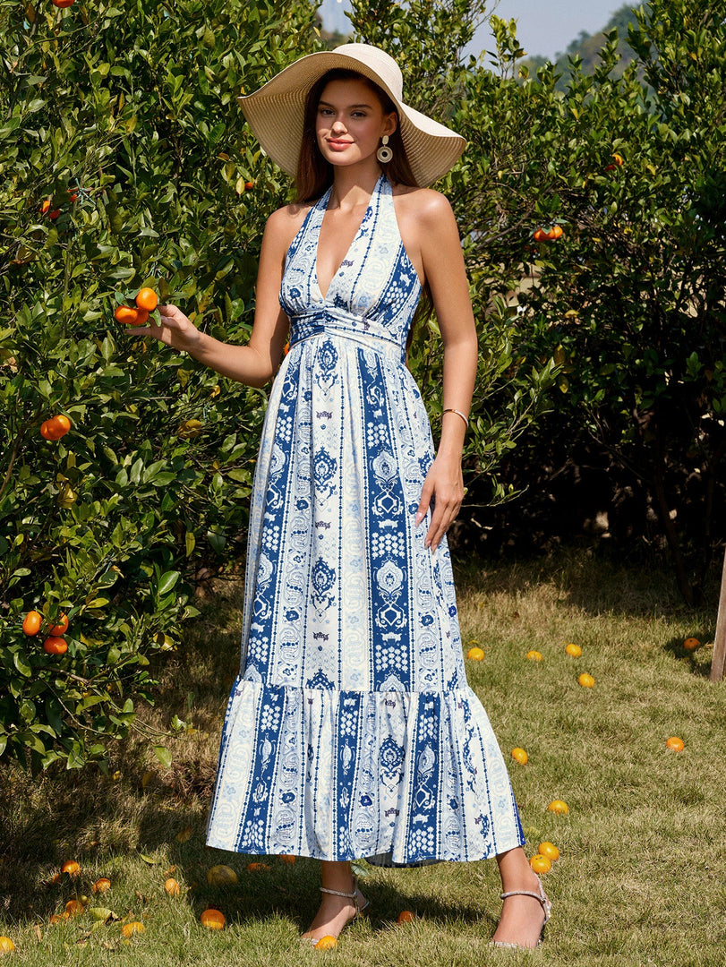 Halter Backless Ruched Ruffle Hem Maxi Dress | Prom Dress
