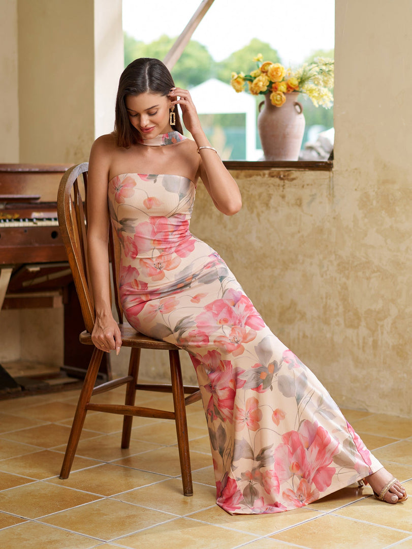 Halter Backless Split Bodycon Floral Print Maxi Dress | Wedding Guest Dress, Vacation Dress