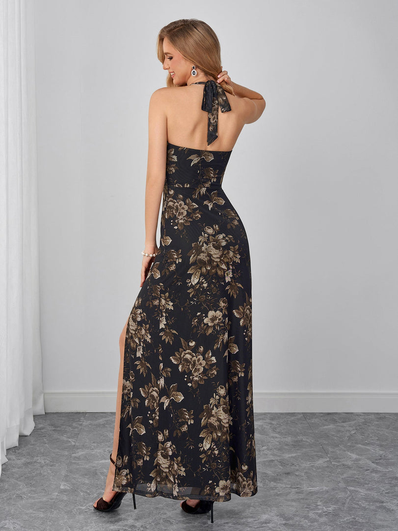 Halter Backless Split Floral Print Mesh Dress | Vacation Dress, Wedding Guest Dress