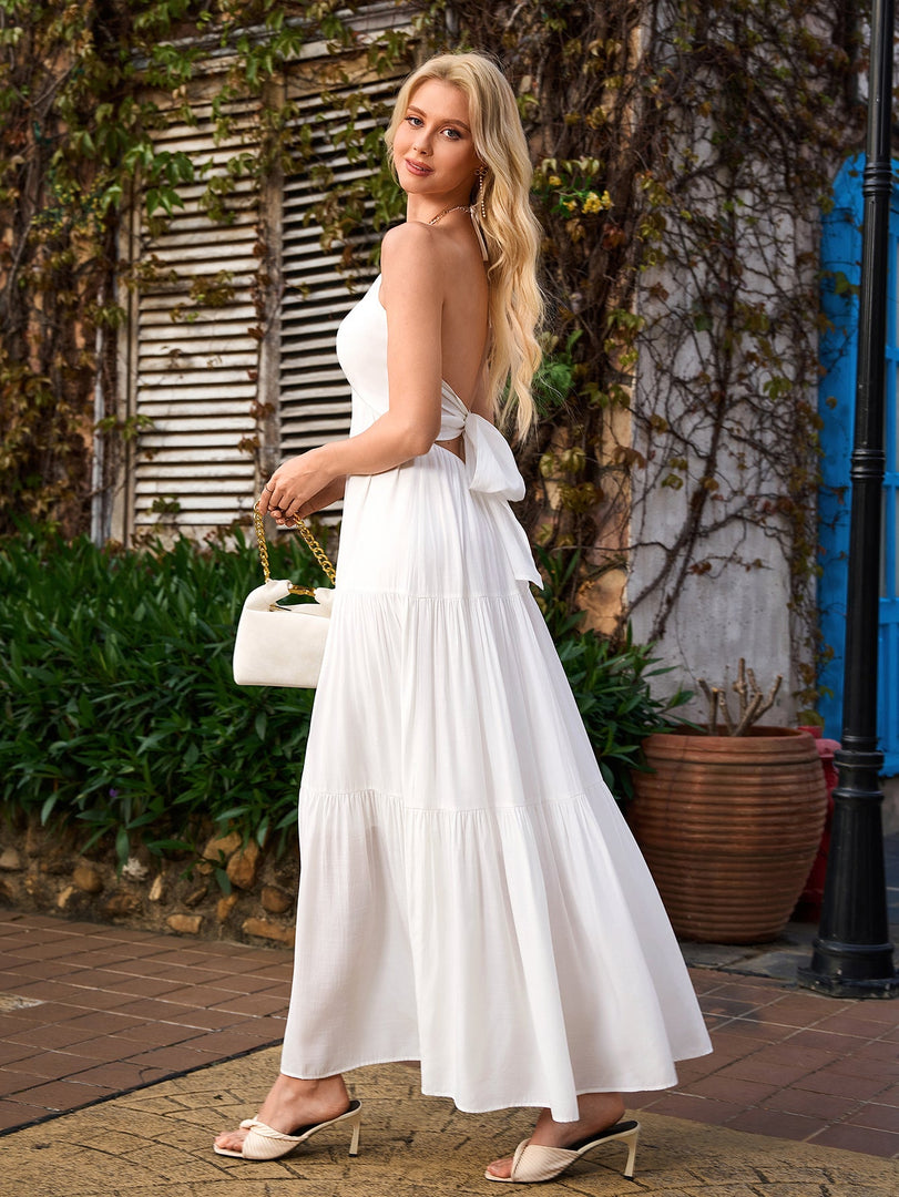 Halter Bow Tie Back Ruched Bust Maxi Dress | Prom Dress, Formal Dress