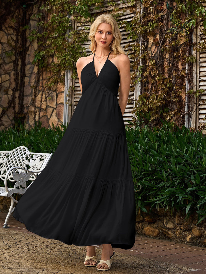 Halter Bow Tie Back Ruched Bust Maxi Dress | Prom Dress, Formal Dress