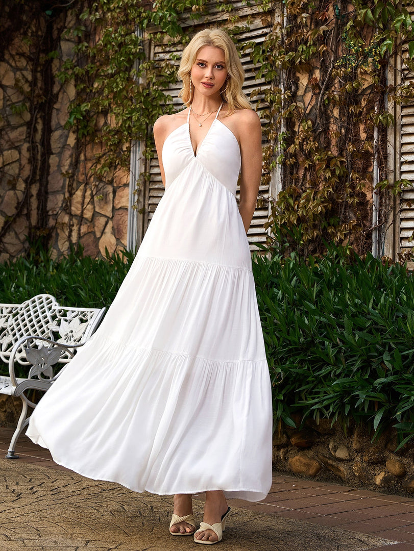 Halter Bow Tie Back Ruched Bust Maxi Dress | Prom Dress, Formal Dress