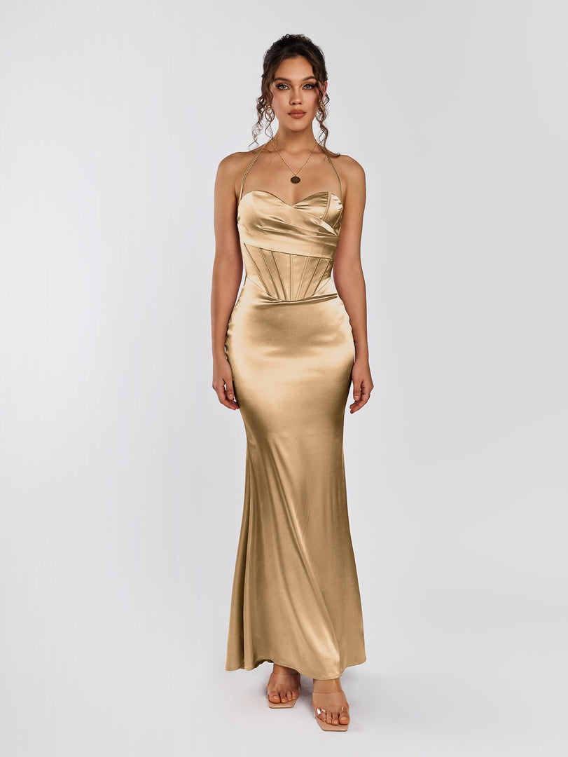 Halter Corset Backless Satin Dress | Formal Dress