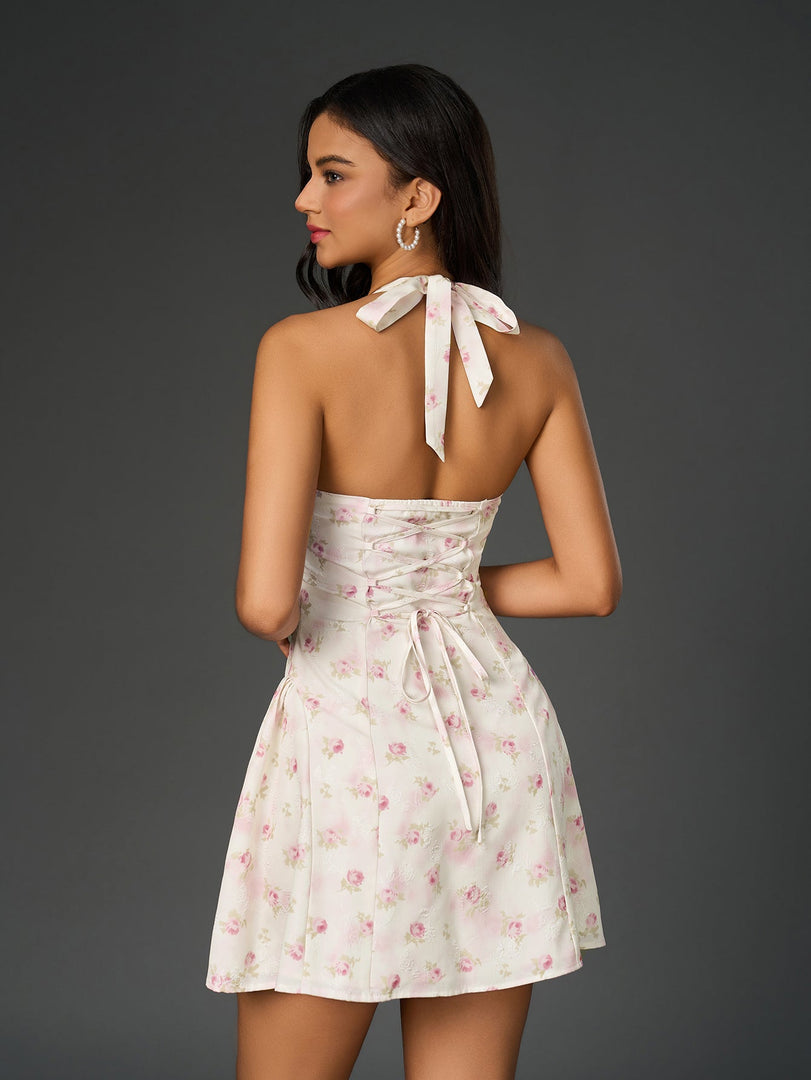 Halter Crisscross Back Floral Print Mini Dress | Wedding Guest Dress, Vacation Dress