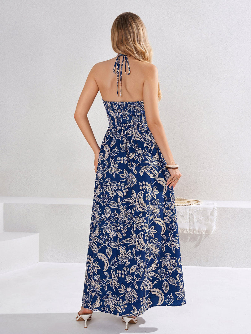 Halter Cut Out Beaded Floral Print Maxi Dress | Formal Dress