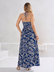 Halter Cut Out Beaded Floral Print Maxi Dress | Formal Dress