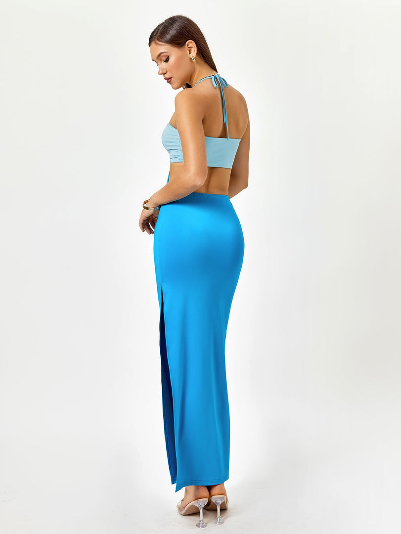 Halter Cut Out Color Clash Slit Dress | Wedding Guest Dress, Vacation Dress