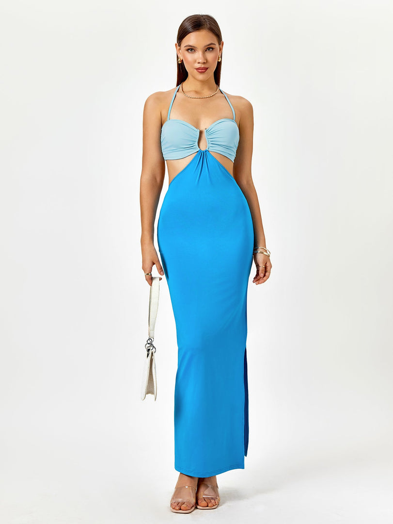 Halter Cut Out Color Clash Slit Dress | Wedding Guest Dress, Vacation Dress