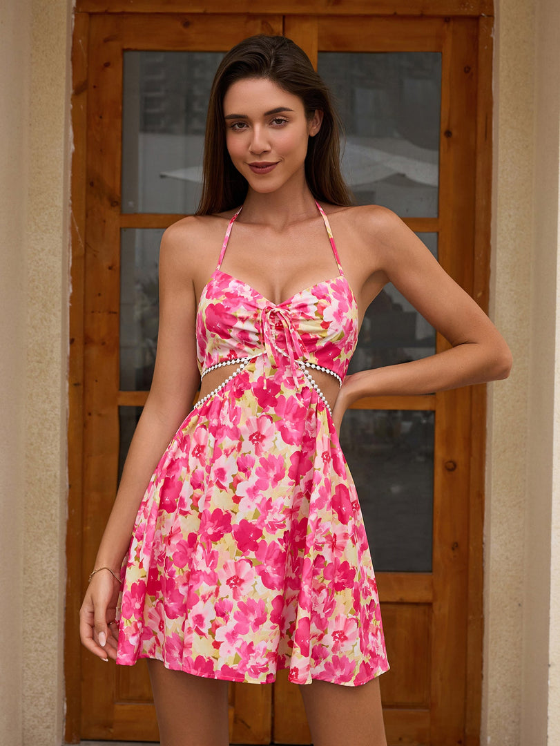 Halter Cut Out Ruched Tie Front Floral Print Dress | Wedding Guest Dress, Vacation Dress