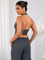 Halter Deep V-Neck Asymmetrical Hem Crop Top | Formal Event Top