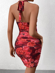 Halter Deep V-Neck Floral Print Bodycon Dress | Wedding Guest Dress, Vacation Dress